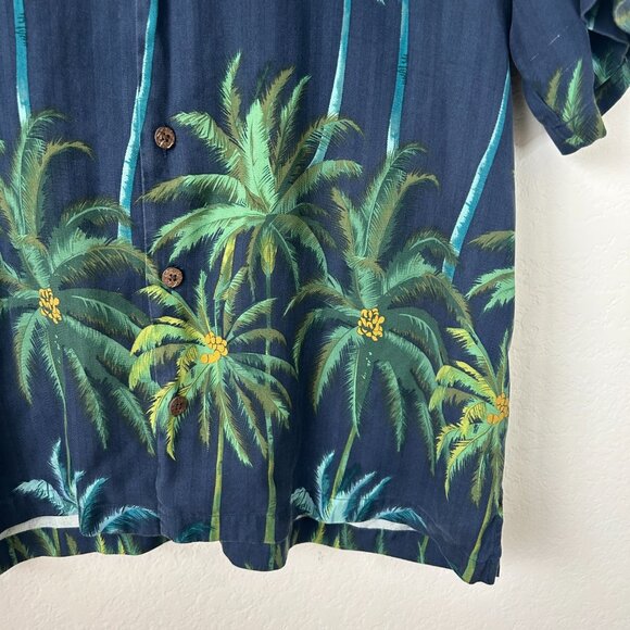 Tommy Bahama Shirt Mens Medium Navy Blue Tropical Hawaiian Silk Palm Tree Print - Picture 6 of 8